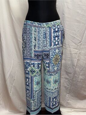Chico’s Women’s Blue patchwork pattern Print Wide-Leg Pants